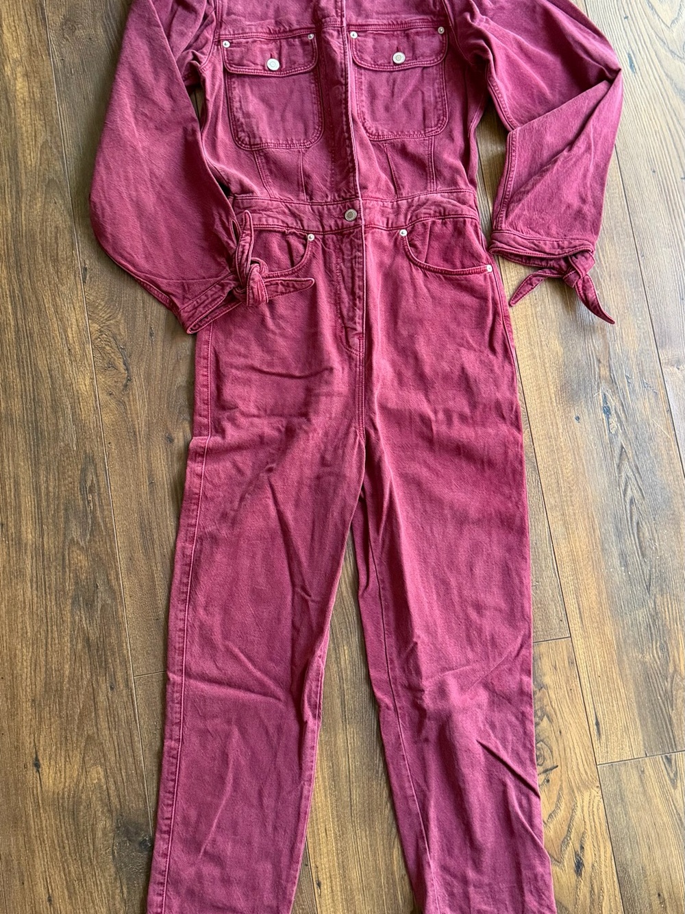 Zara Women Burgundy Long-Sleeve Denim Jumpsuit